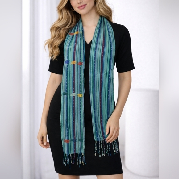 Vintage Other - VTG Estate Guatemalan Turquoise Rainbow Stripe Woven Fringe Western Sash